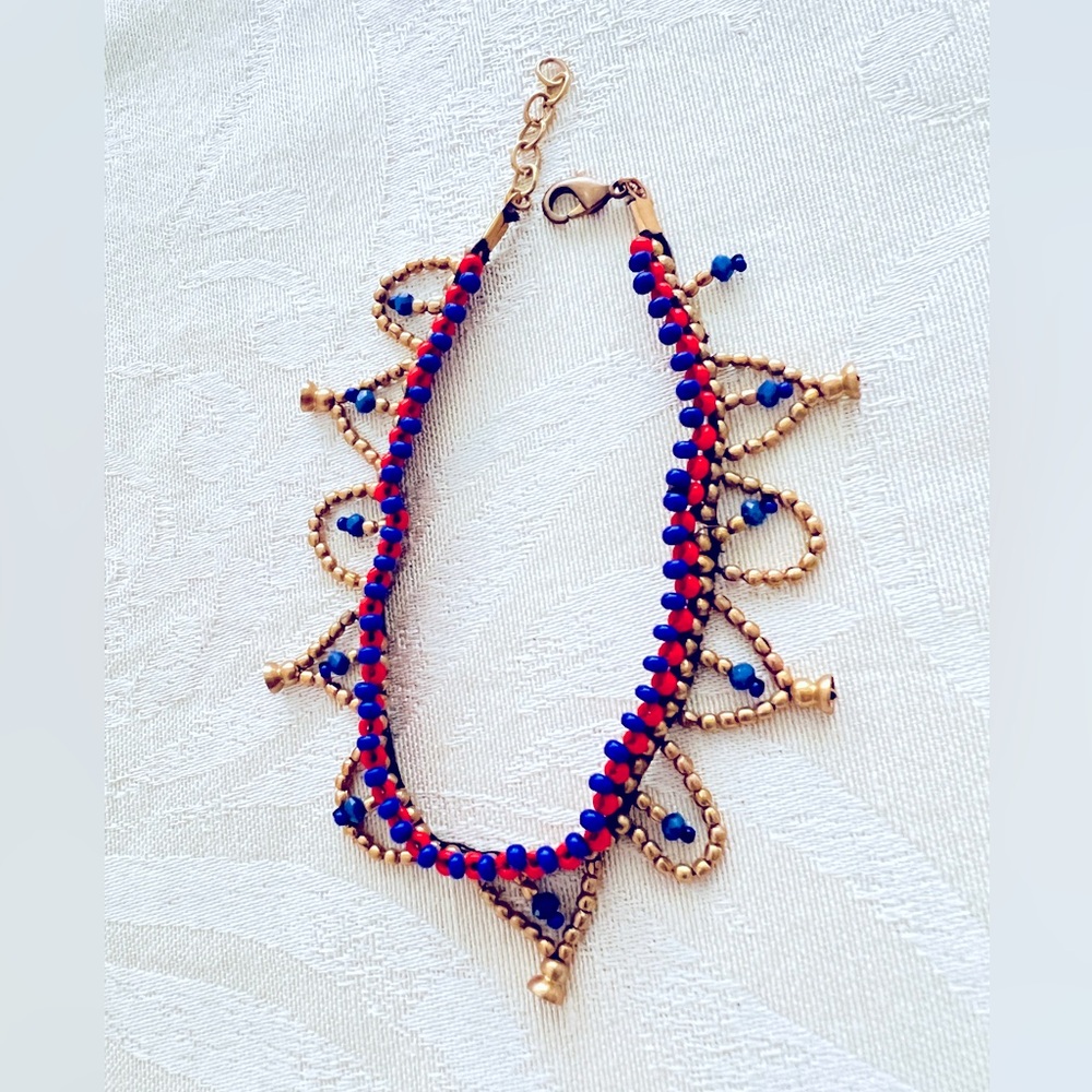 Vintage Jordanian origin seed beaded Bracelet handmade red blue Golden dangling